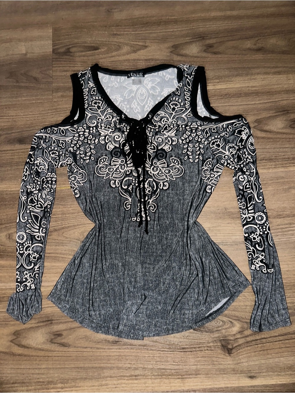 Venus Black & White Cold-Shoulder Lace-Up Long Sleeve Top
